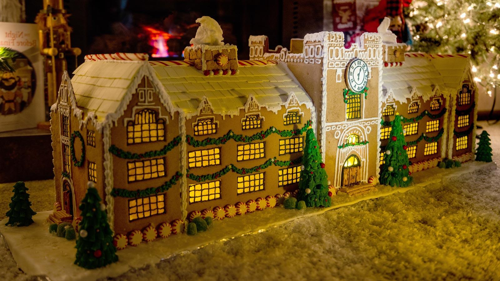 The Administration Building made out of gingerbread, frosting and other sweet treats.